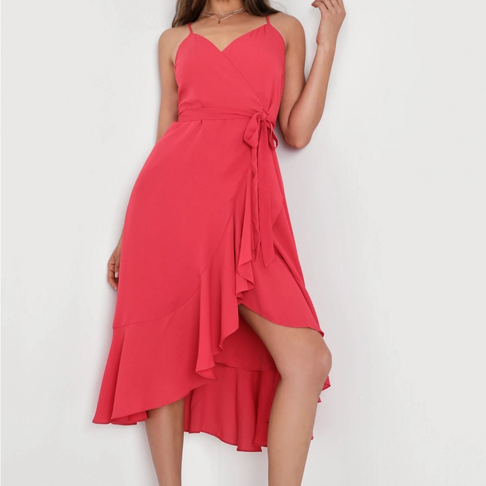 Lulus Berry Pink Ruffled Midi Wrap Dress